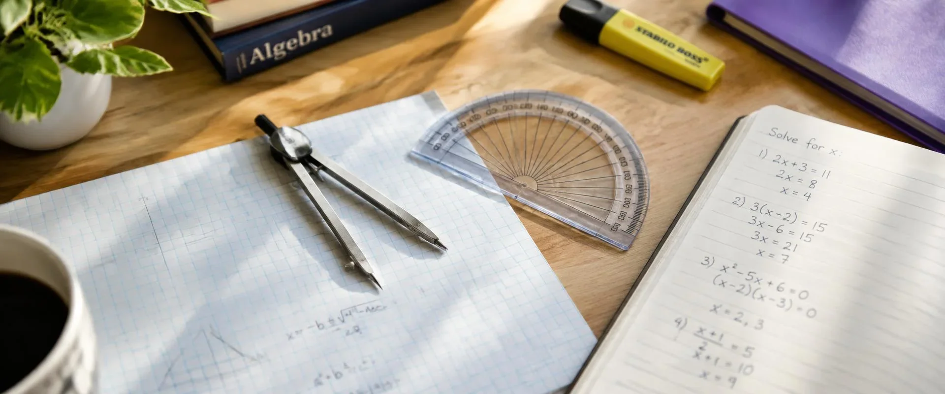Overhead desk with graph paper, a compass, protractor and an algebra notebook in daylight