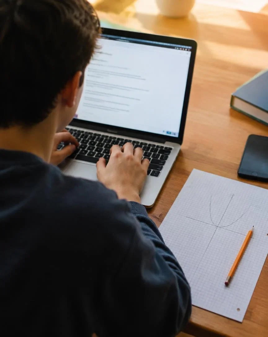 Student at a laptop beside graph paper with a drawn parabola