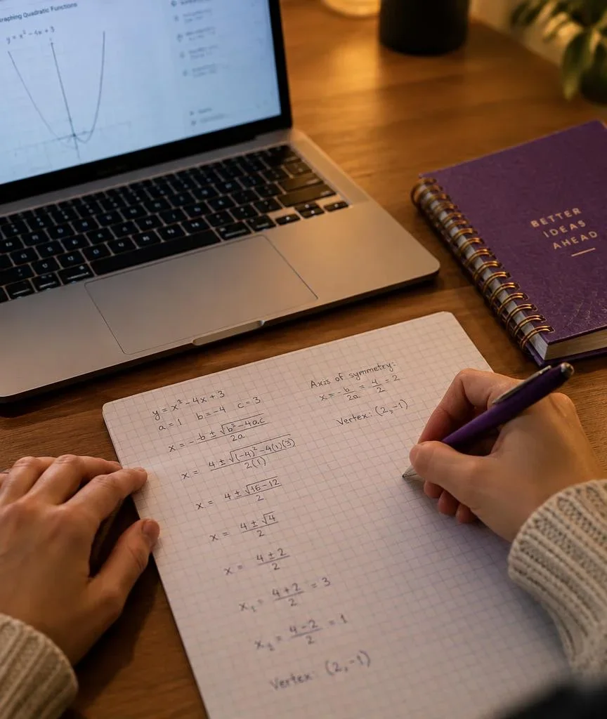 Hands writing algebra on graph paper beside a laptop in warm light
