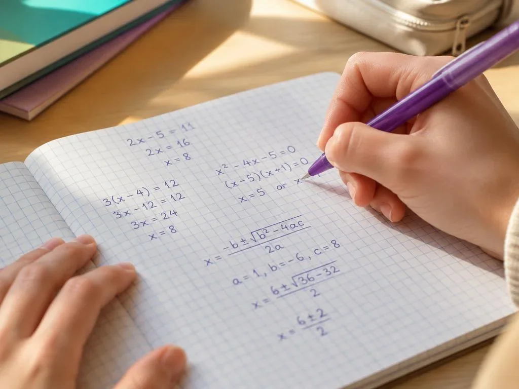 Student's hands solving equations on graph paper with a purple pen
