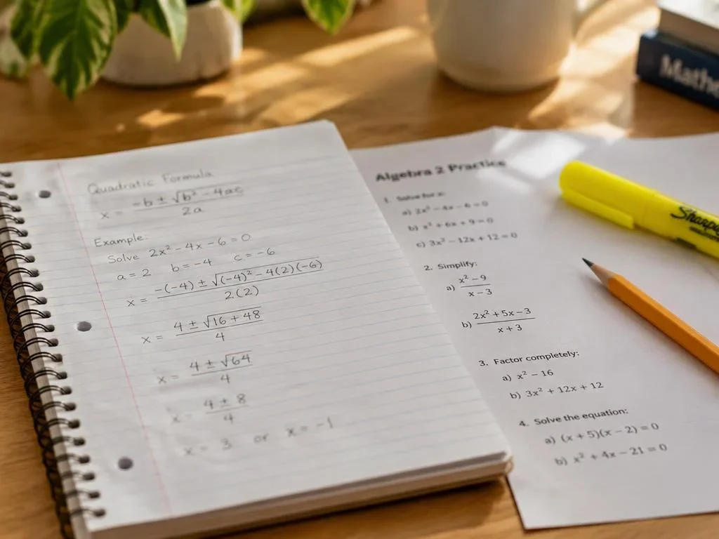 Open notebook and math worksheet with a yellow highlighter