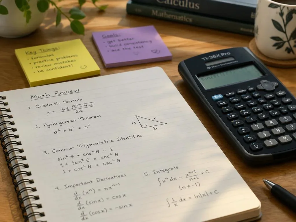 Math review notes, a calculator and sticky notes on a desk