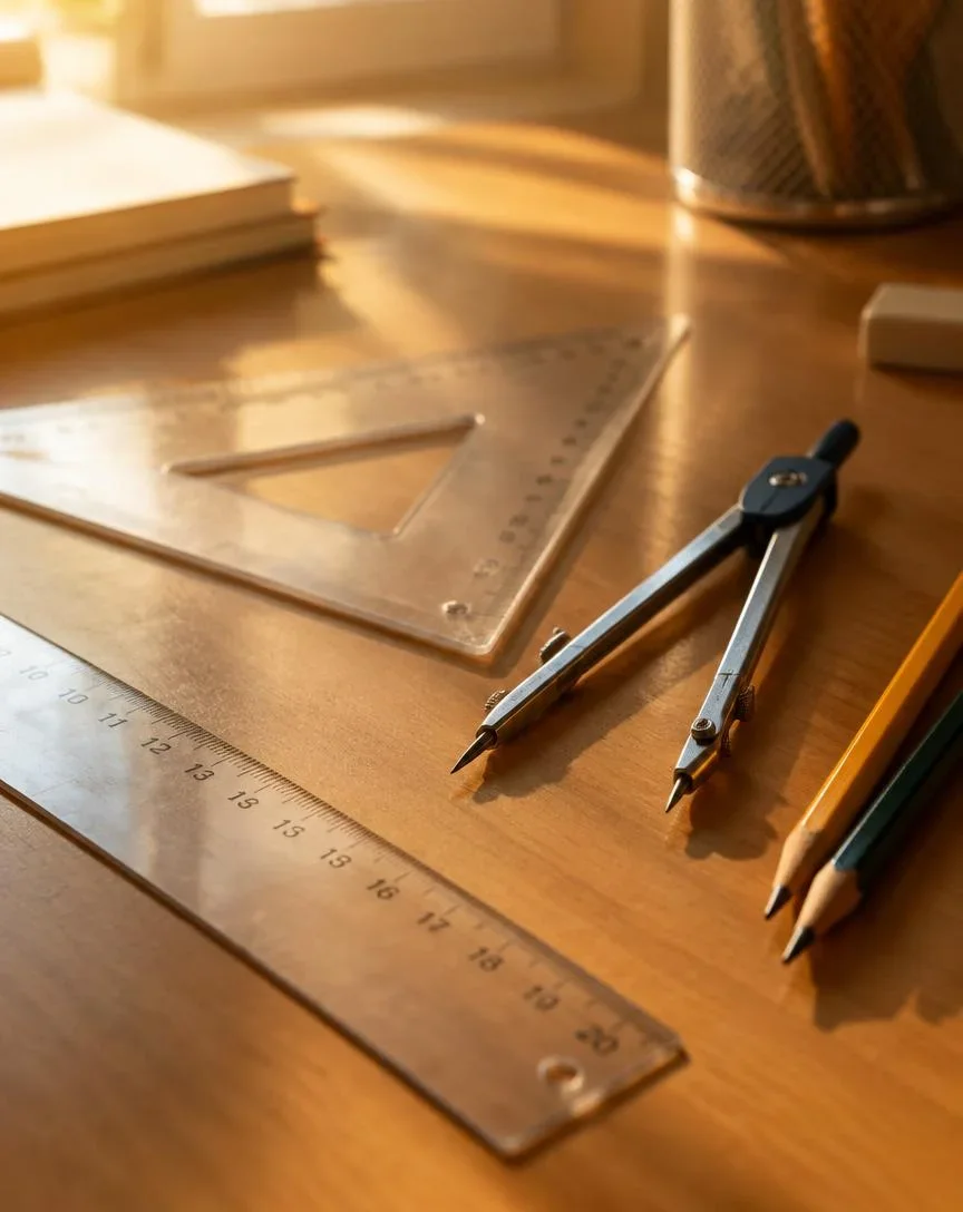 Geometry tools on a desk in warm light