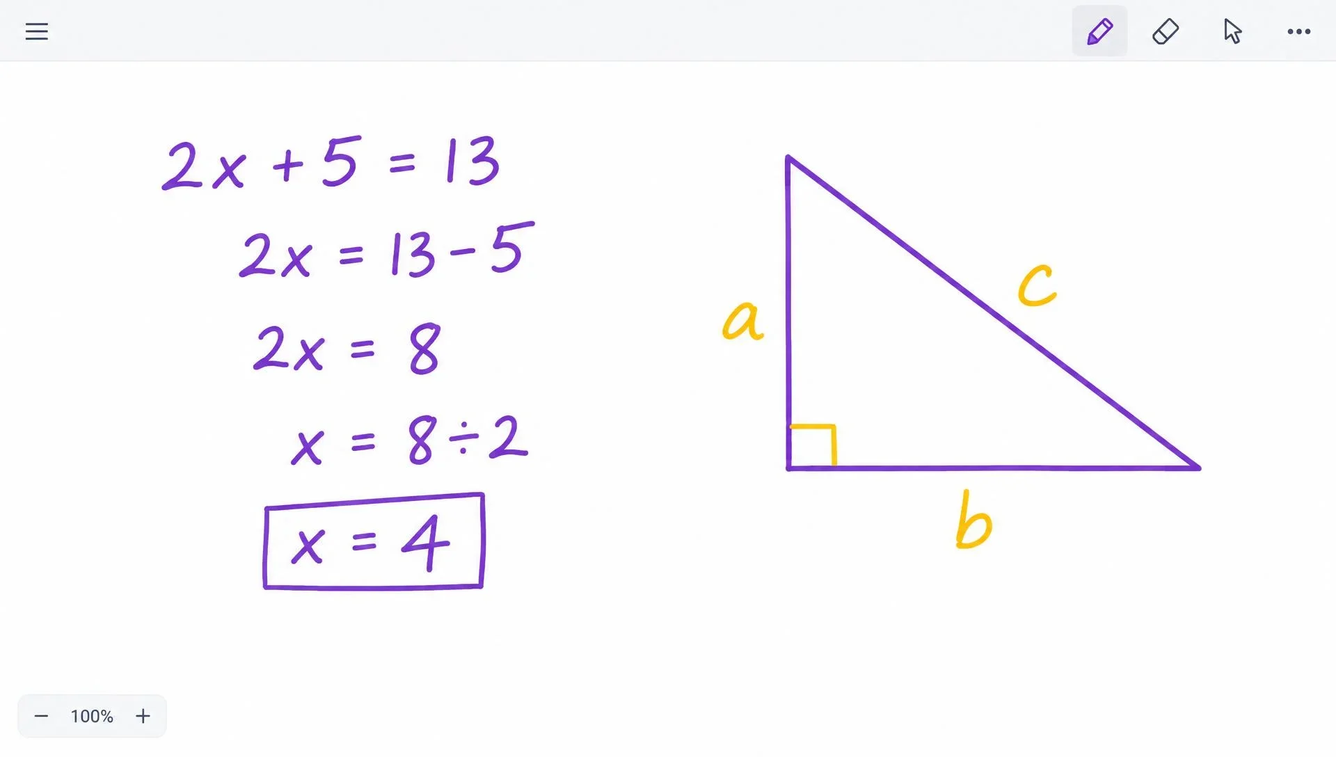Digital whiteboard showing a solved linear equation and a labeled right triangle in purple and yellow ink