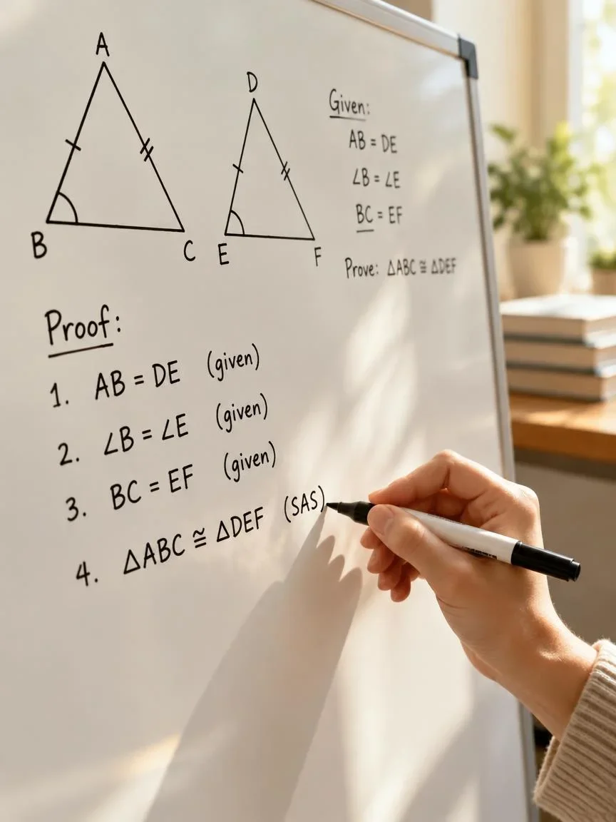Hand working a geometry proof with triangles on a whiteboard